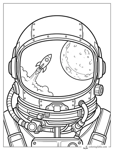 Realistic astronaut helmet reflecting a rocket launch and cratered moon in the visor
