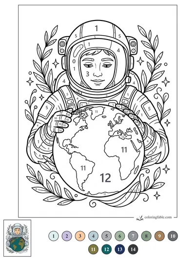 Astronaut Holding Earth Among Leafy Stars — color by number