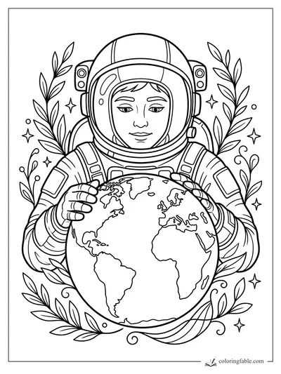 Astronaut holding Earth, framed by leafy vines and small stars, in an aesthetic space coloring page.