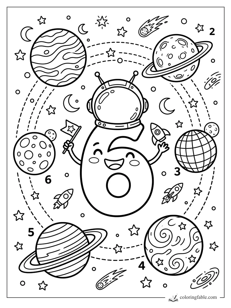 Smiling number 6 astronaut holding a flag and rocket among numbered planets, stars, moons, and comets.