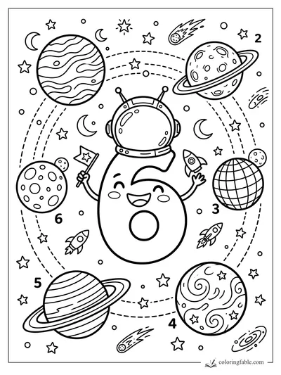 Smiling number 6 astronaut holding a flag and rocket among numbered planets, stars, moons, and comets.