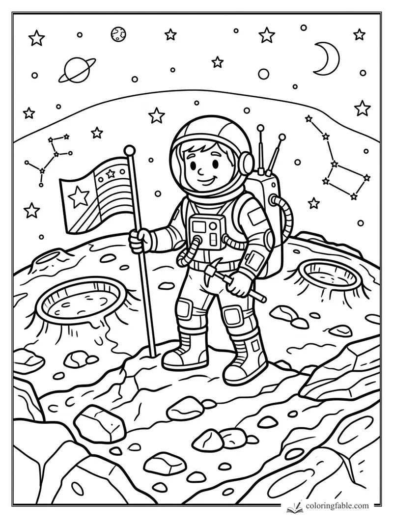 Cartoon astronaut plants a star flag on a rocky planet with craters, stars, moon, and constellations.