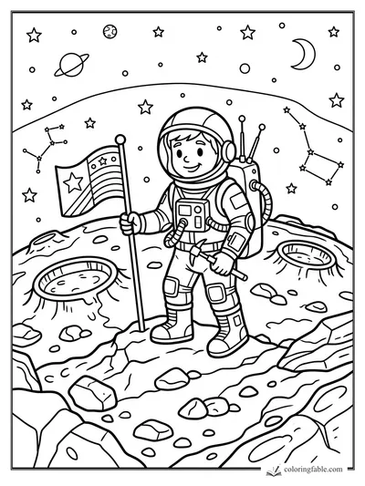 Cartoon astronaut plants a star flag on a rocky planet with craters, stars, moon, and constellations.