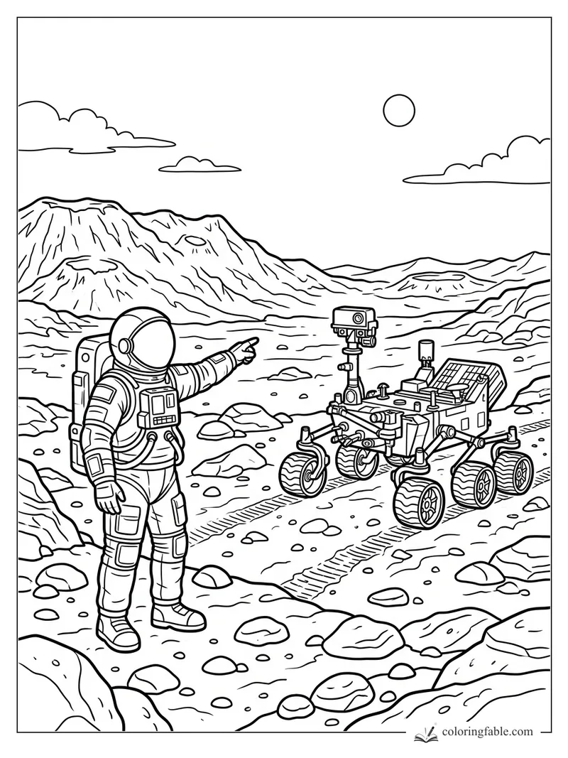 Astronaut points beside a six-wheeled rover in a rocky space valley with craters, mountains, sun, and clouds.