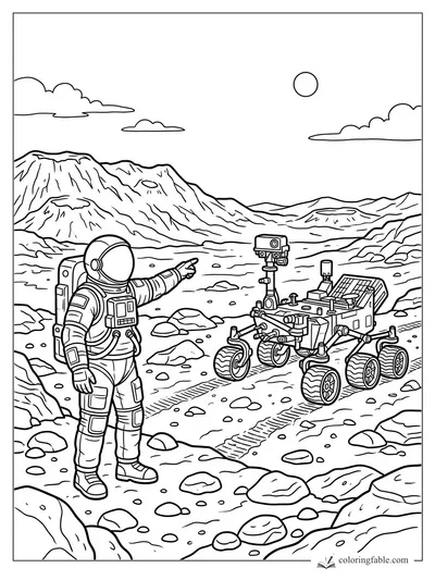 Astronaut points beside a six-wheeled rover in a rocky space valley with craters, mountains, sun, and clouds.