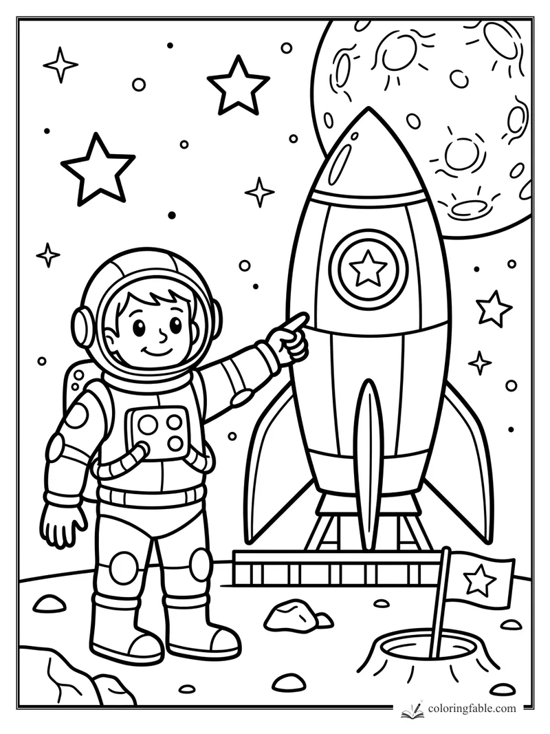 Smiling astronaut points at a rocket beside a crater flag, stars, and a big moon.