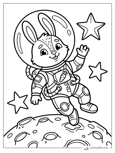Cartoon astronaut rabbit waving on the moon with stars, helmet, carrot badge, and cratered ground