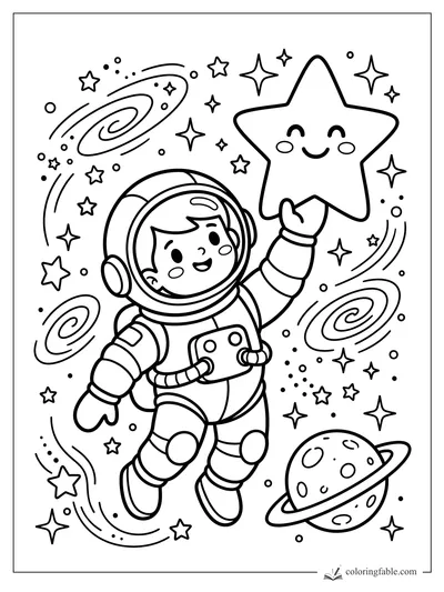Cartoon astronaut reaches for a smiling star among spiral galaxies, tiny stars, dots, and a ringed planet.