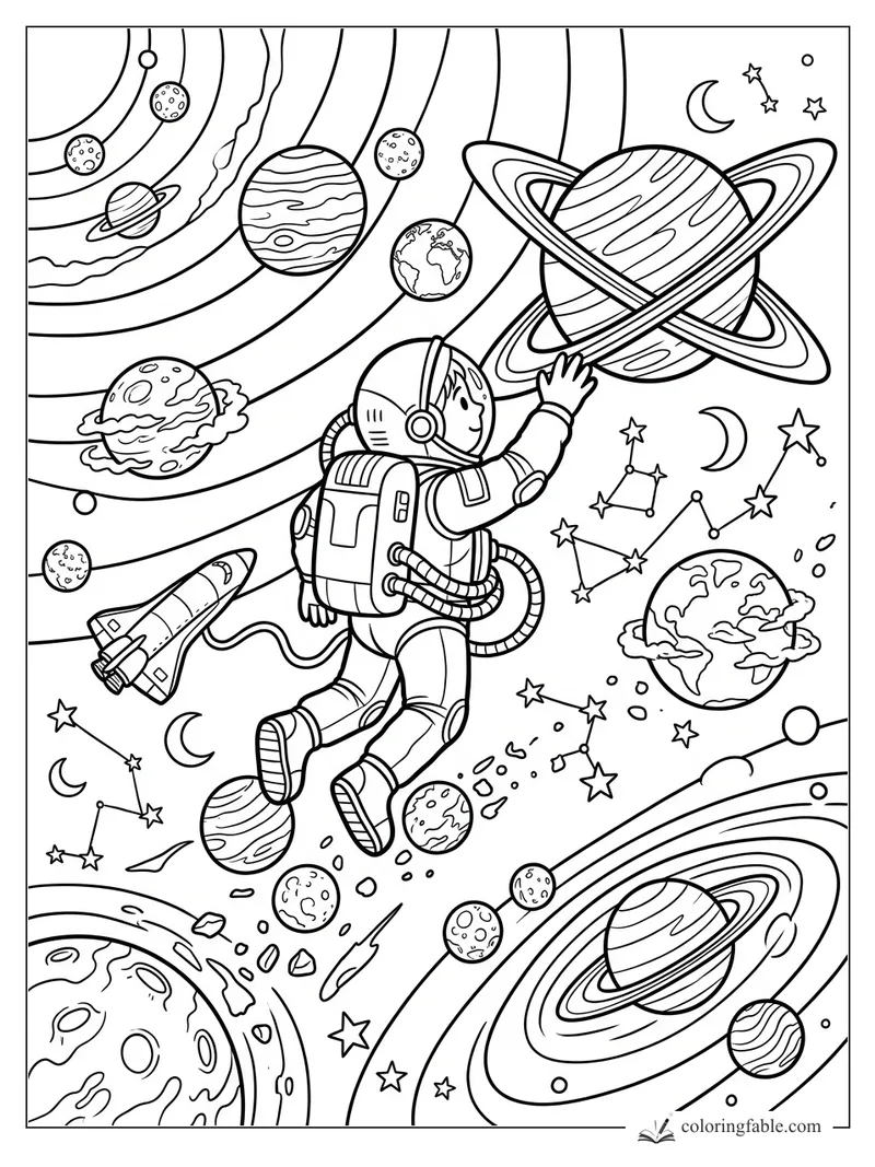 Cartoon astronaut floating toward Saturn among planets, constellations, moons, and a small rocket