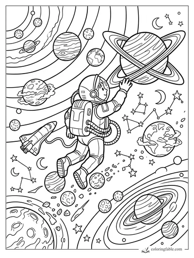 Cartoon astronaut floating toward Saturn among planets, constellations, moons, and a small rocket