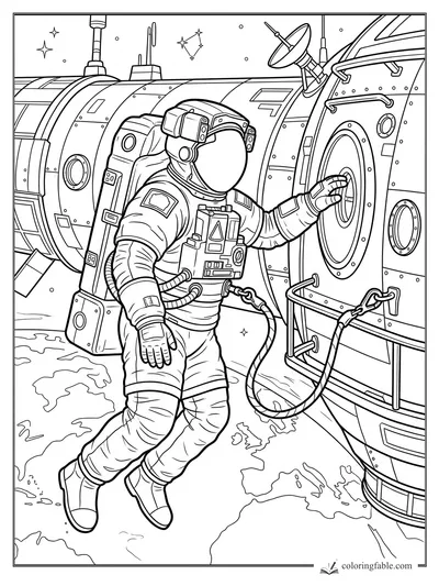 Astronaut floating by a space station hatch above Earth with antennas, cables, stars, and panels