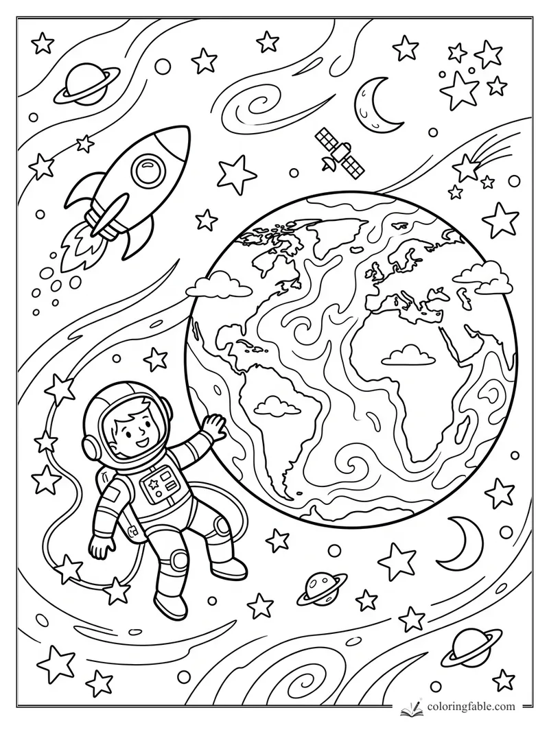 Cartoon astronaut floating beside Earth with rocket, satellite, stars, moons, and spiral space trails
