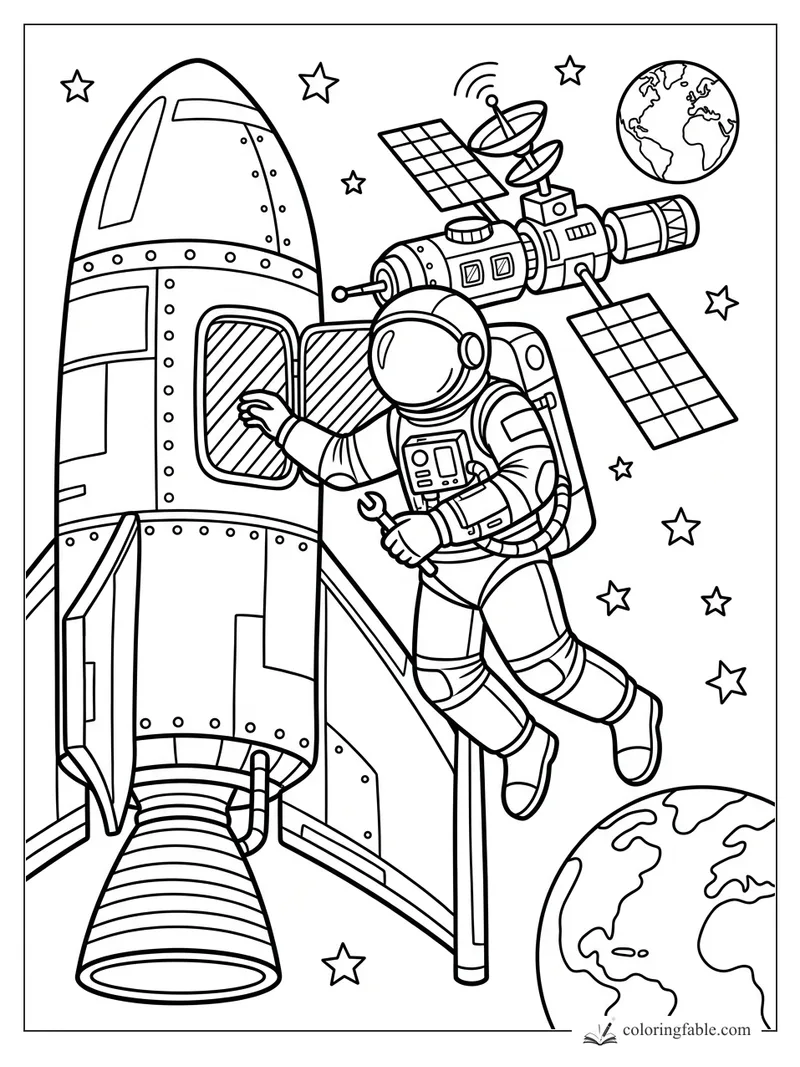 Astronaut with a wrench fixes a rocket hatch near satellites, stars, and Earth in space.