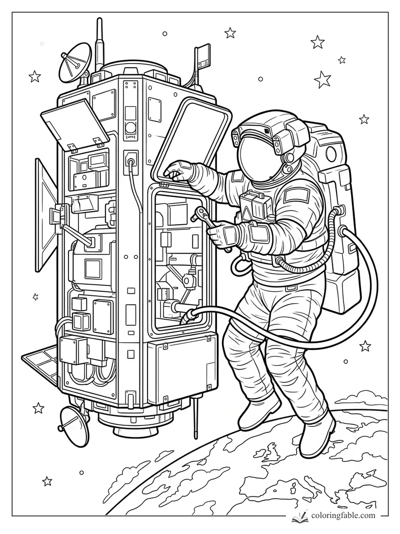 Astronaut uses a wrench on an open space station panel above Earth with stars and antennas.