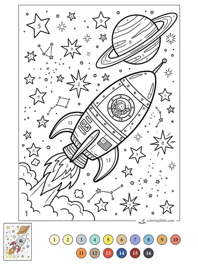 Astronaut Rocket Passing a Ringed Planet — color by number