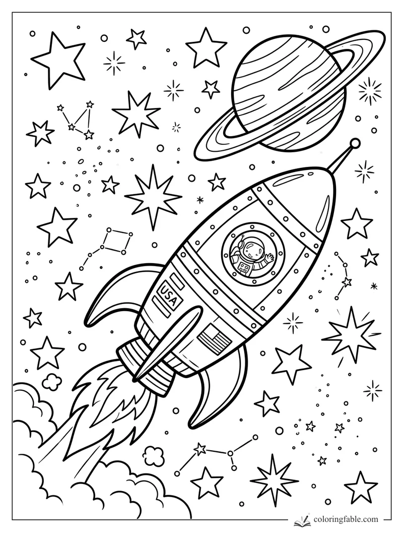Cartoon rocket with astronaut, ringed planet, stars, constellations, and launch clouds in space
