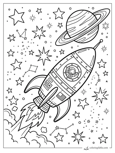 Cartoon rocket with astronaut, ringed planet, stars, constellations, and launch clouds in space