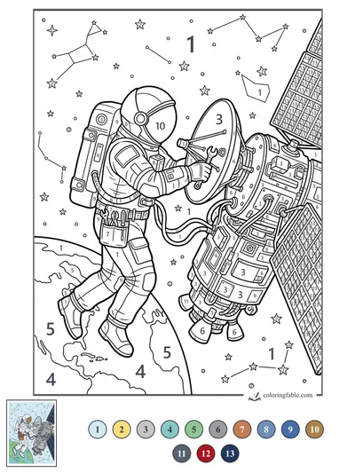 Astronaut Tightening a Satellite Dish Above Earth — color by number