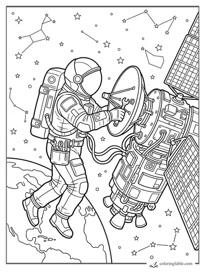 Astronaut repairs a satellite dish with a wrench above Earth, with solar panels, stars, and constellations.
