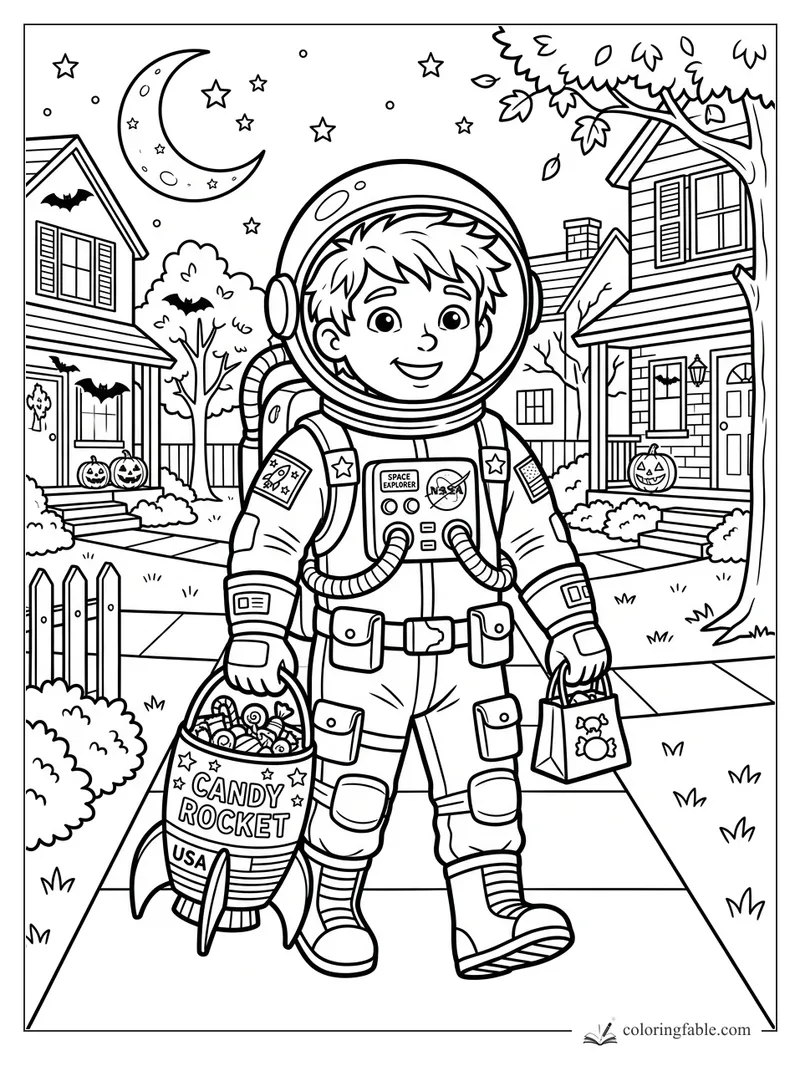 Smiling astronaut trick-or-treater holding a candy rocket on a bat-filled Halloween street