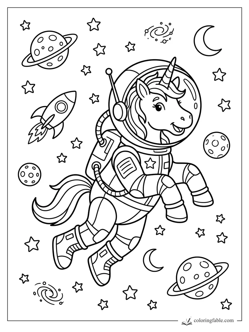 Cartoon astronaut unicorn in a space suit floating among stars, planets, moons, a rocket, and tiny galaxies.