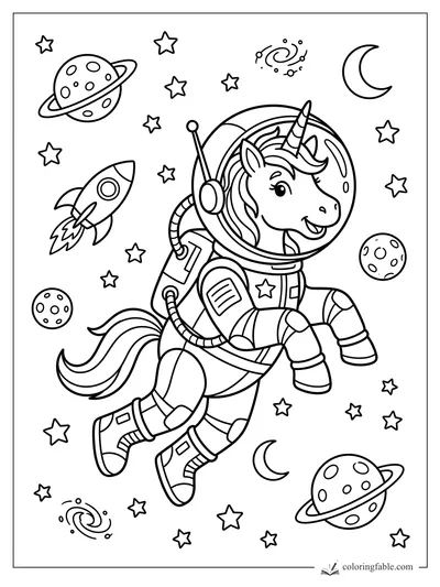 Cartoon astronaut unicorn in a space suit floating among stars, planets, moons, a rocket, and tiny galaxies.