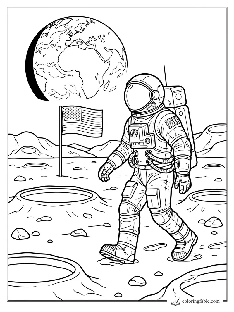 Realistic astronaut walking on the Moon near a U.S. flag, craters, hills, and Earth in space