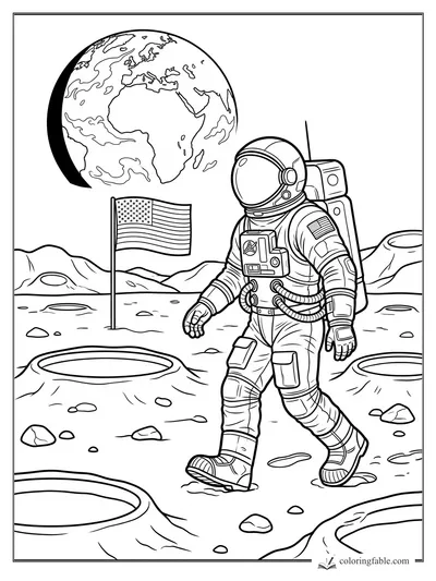 Realistic astronaut walking on the Moon near a U.S. flag, craters, hills, and Earth in space