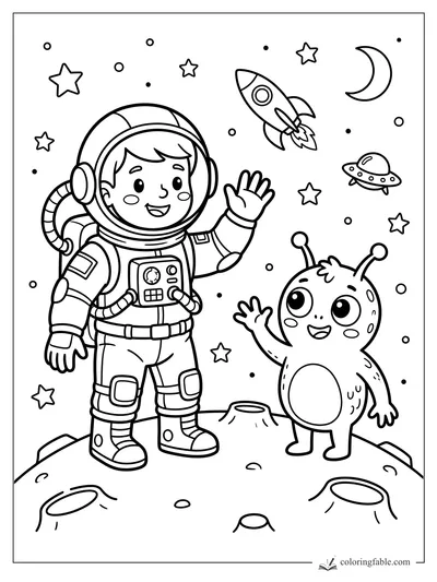 Cartoon astronaut waving to a smiling alien on a cratered moon with rocket, UFO, stars, and crescent moon.