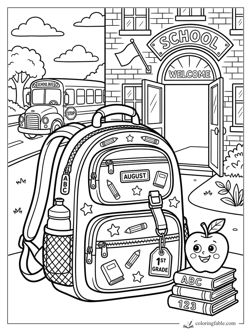 August backpack with pencils, stars, bus, books, apple, and open school entrance coloring page