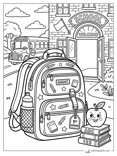 August backpack with pencils, stars, bus, books, apple, and open school entrance coloring page