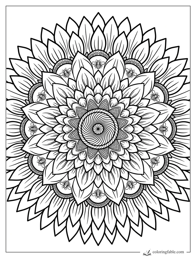 Intricate August mandala with layered petals, tiny bees, scalloped rings, and a spiral flower center.