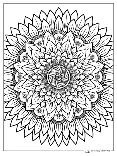 Intricate August mandala with layered petals, tiny bees, scalloped rings, and a spiral flower center.