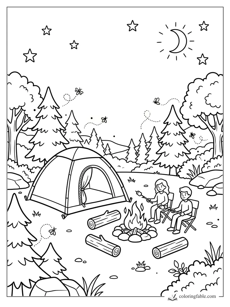 Kids roasting marshmallows by a tent, campfire, fireflies, pine trees, stars, and crescent moon.