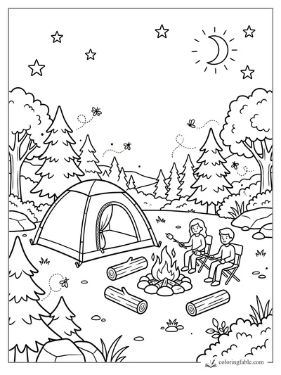 Kids roasting marshmallows by a tent, campfire, fireflies, pine trees, stars, and crescent moon.