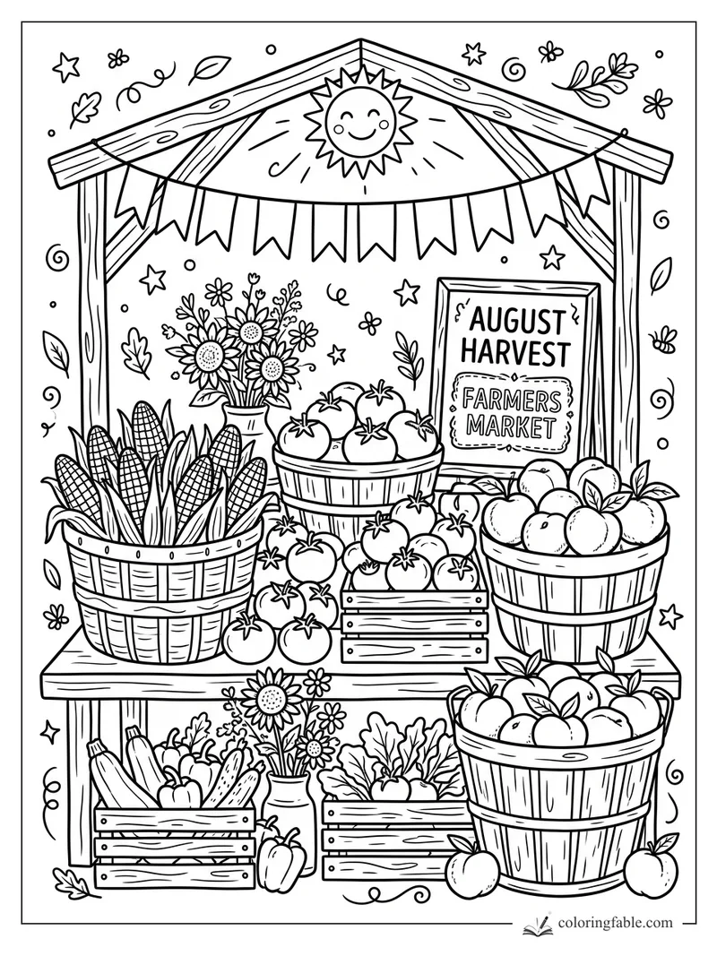 Doodle farmers market stand with August Harvest sign, sun banner, corn, tomatoes, peaches, flowers and baskets