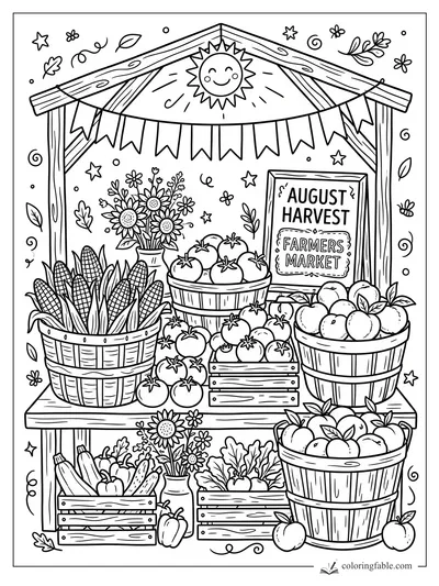 Doodle farmers market stand with August Harvest sign, sun banner, corn, tomatoes, peaches, flowers and baskets