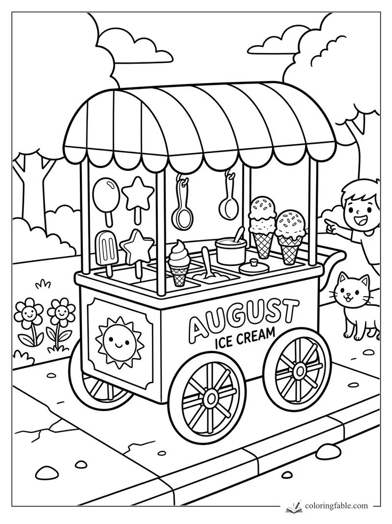 Cartoon August ice cream cart with striped canopy, popsicles, cones, smiling child, and cat on a sidewalk.