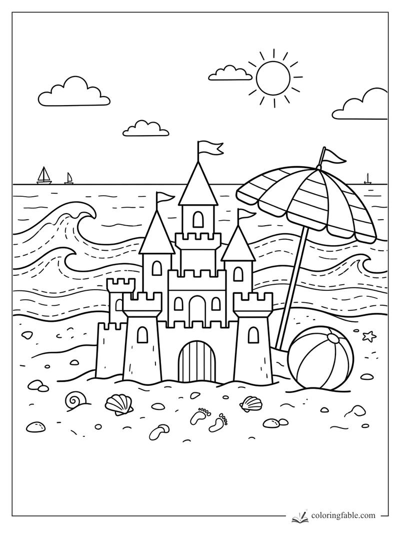 August beach coloring page with a tall sandcastle, striped umbrella, beach ball, shells, waves, boats, and sun