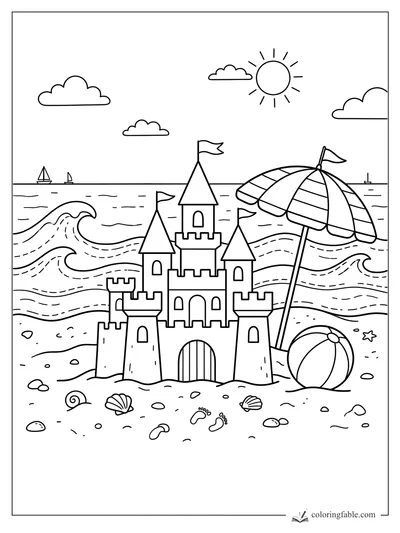 August beach coloring page with a tall sandcastle, striped umbrella, beach ball, shells, waves, boats, and sun