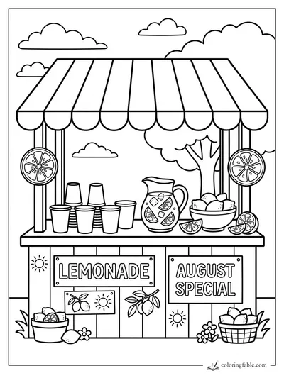 Lemonade stand with striped awning, August Special sign, cups, pitcher, lemons, and citrus slice decorations.