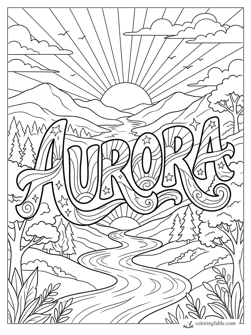 Aurora name coloring page with bold letters, sunrise rays, mountains, river, trees, clouds, and stars