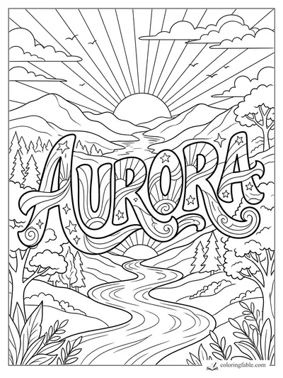 Aurora name coloring page with bold letters, sunrise rays, mountains, river, trees, clouds, and stars