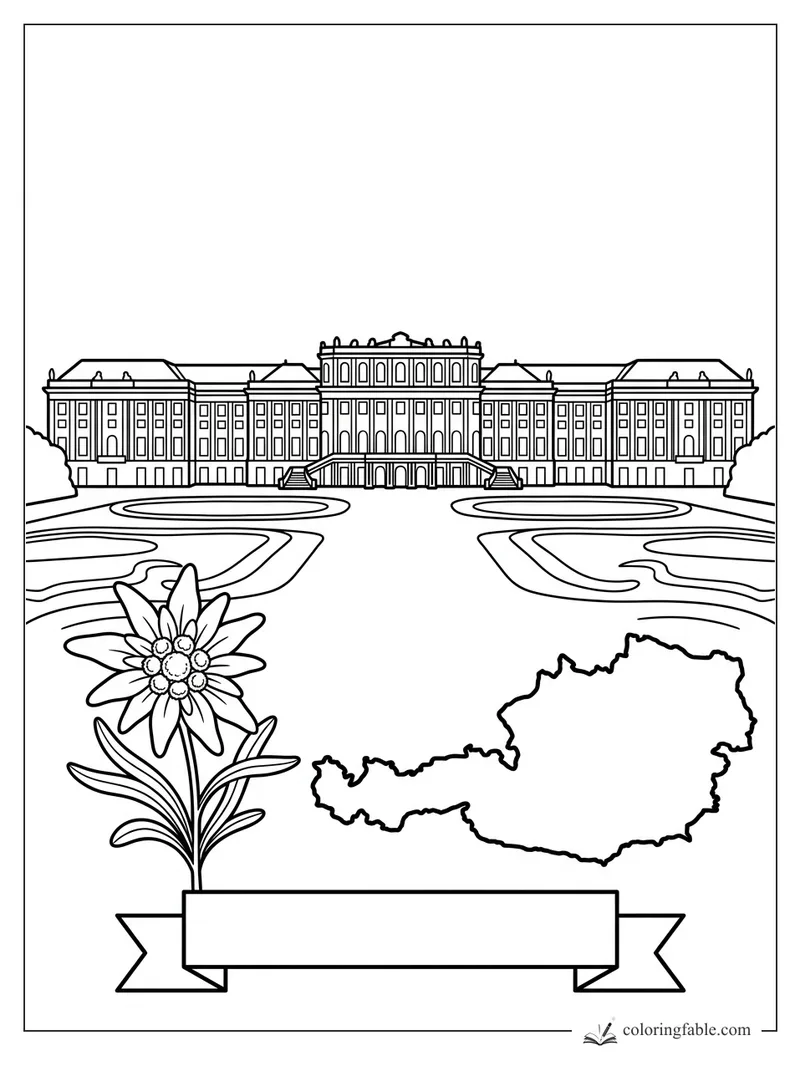 Austria coloring page with Schönbrunn-style palace, garden paths, edelweiss flower, map outline, and ribbon banner