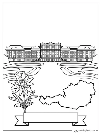Austria coloring page with Schönbrunn-style palace, garden paths, edelweiss flower, map outline, and ribbon banner