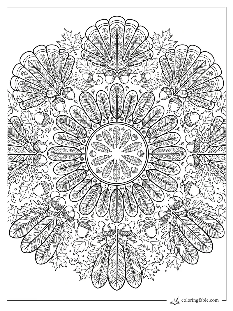 Intricate autumn mandala with acorns, oak and maple leaves, feathers, curls, and dotted rings.