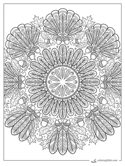 Intricate autumn mandala with acorns, oak and maple leaves, feathers, curls, and dotted rings.