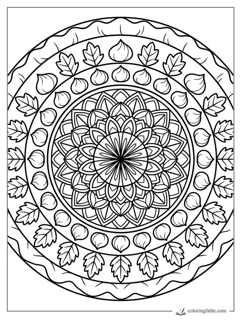 Intricate fall mandala with acorns, oak leaves, wavy rings, and a layered floral center