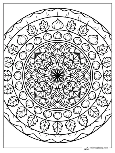 Intricate fall mandala with acorns, oak leaves, wavy rings, and a layered floral center