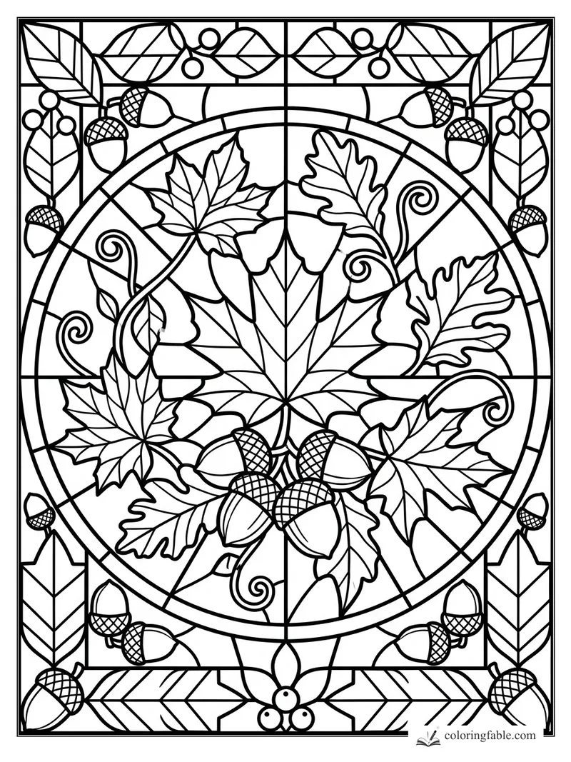 Stained glass coloring page with oak and maple leaves, acorns, curling vines, and a round autumn panel.